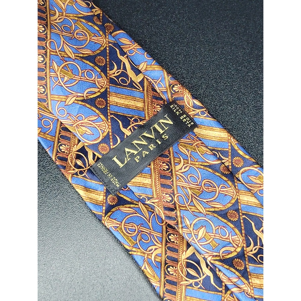 Vintage Lanvin Paris Silk Tie Blue Gold Architectural Geometric France 3.75